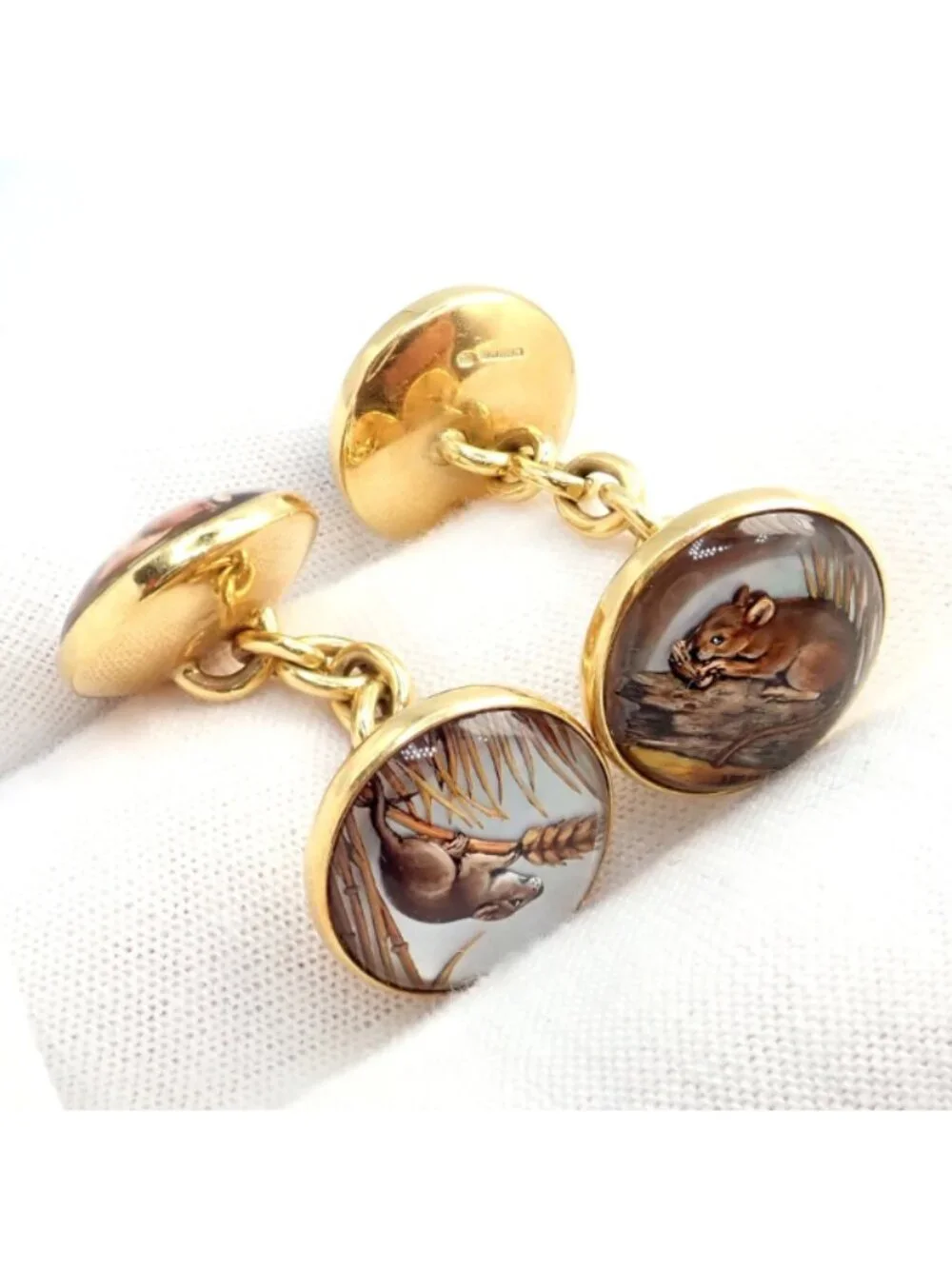 Vintage Tiffany & Co 18k Yellow Gold Essex Reverse Intaglio Field Mice Cufflinks